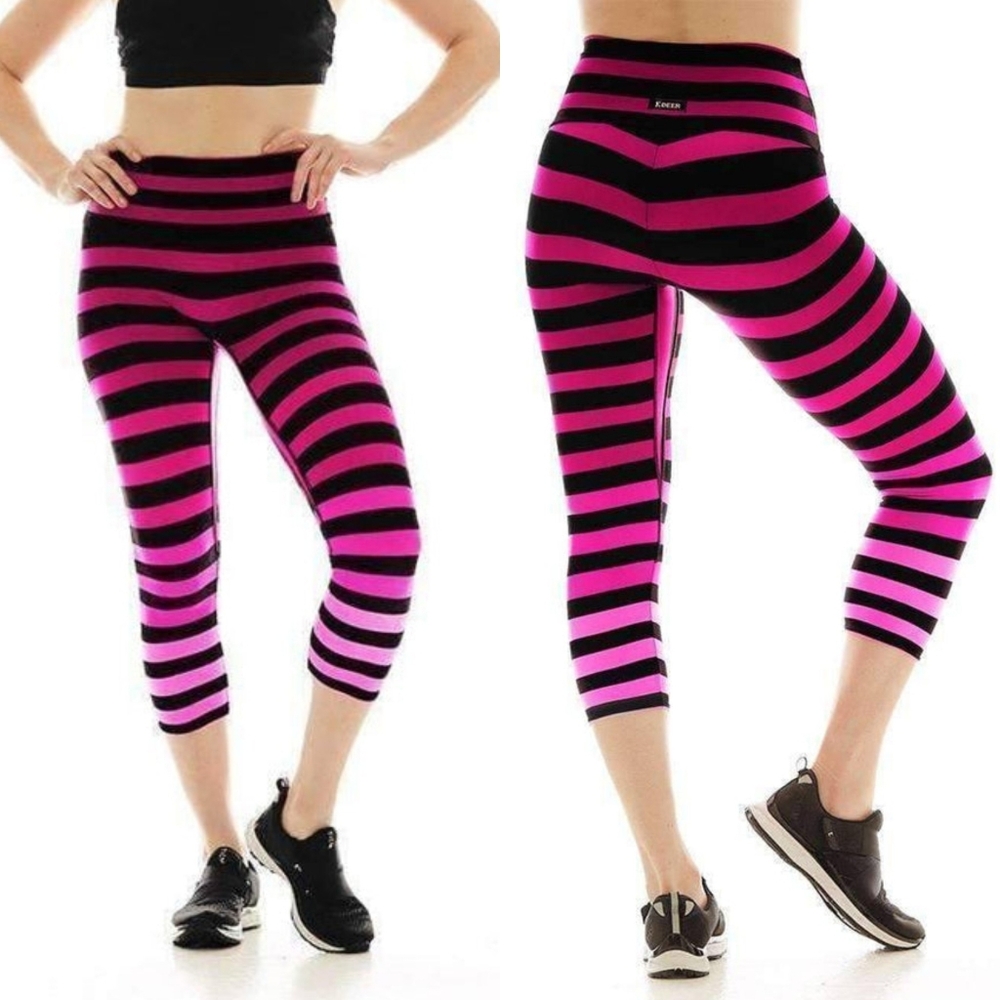 K-Deer Striped Pink Leggings Jamie Capri 3/4 Pink Black Ombre High Waist Tie Dye